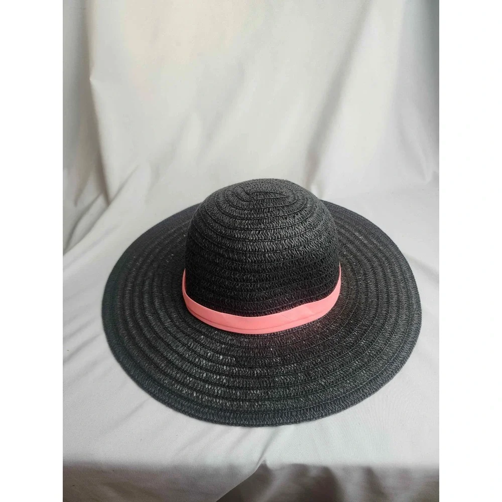 Som-Her Black Wide Brim Straw Sun Hat Coral Pink Ribbon Made in Mexico